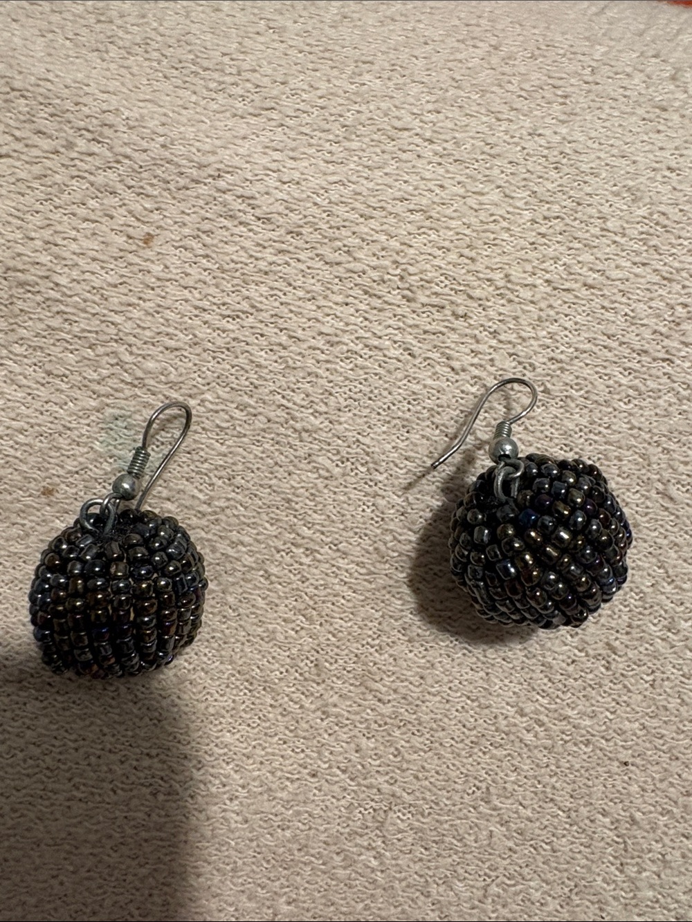 Handcrafted Black Beaded Ball Drop Earrings - Women Jewelry